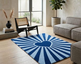 Blue Heart Hand Tufted Rug, Modern Wool Area Rug, Sunburst Carpet, Handmade Living Room Rug, Bedroom Decor, Custom Size Rug