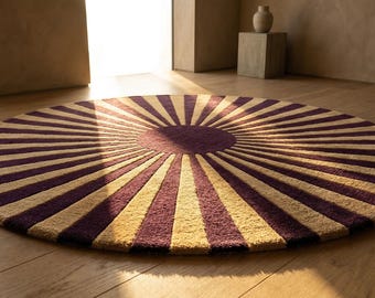 Handgetufteter runder Sunburst-Teppich - Burgunder-beiger runder Teppich, moderner Teppich mit Sternstreifen