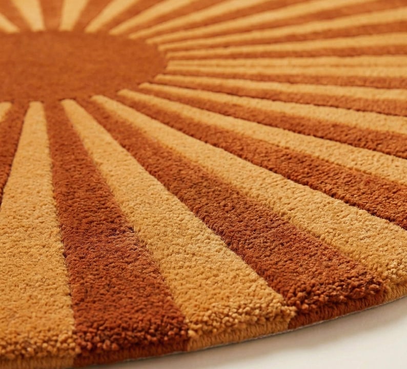 terracotta and golden hues, creating a retro-inspired aesthetic. Positioned on a wooden floor near large windows, the natural