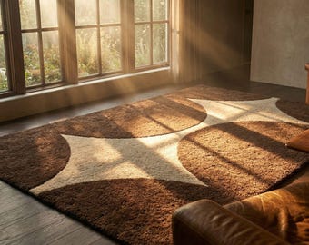 Brown Abstract Hand Tufted Rug — Modern Geometric Area Rug, Luxury Wool Carpet, Minimalist Living Room Rug, Scandinavian Floor Rug