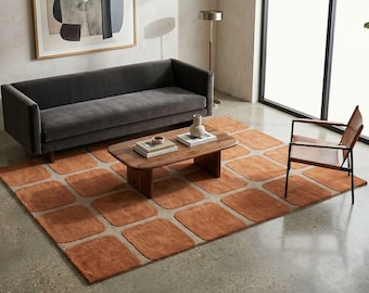 Luxury Hand Tufted Rug – Geometric Terracotta Modern Abstract Area Carpet, Soft Wool, Custom Size, Boho Minimalist Handmade Premium