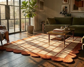 Scalloped Edge Hand Tufted Rug | Terracotta Grid Rug | Modern Checkerboard Area Rug | Minimalist Handmade Wool Rug