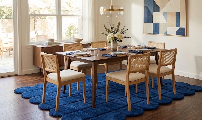 beautifully with minimalist and Scandinavian style interiors. The rug is shown under a wooden coffee table in a sunlit living room with a neutral sofa, warm wooden flooring,