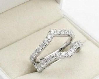 Lab Grown Diamond Ring Guard Enhancer in 925 Sterling Silver, V Shaped Double Band Wedding Ring Wrap, Handmade Anniversary Jewelry Gift