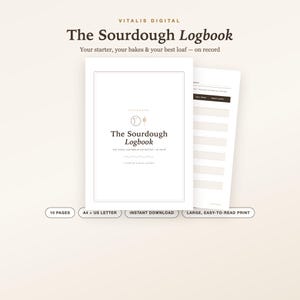 Könnte beinhalten: Ein digitales Sauerteig-Logbuch mit weißem Einband, das den Text Vitalis Digital, The Sourdough Logbook und Your starter, your bakes & your best loaf — on record enthält. Umfasst 10 Seiten, A4- und US-Letter-Formate sowie einen großen Druck.