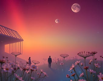 Fantasy Landscapes | 2 Rose Gold Romantic Moonlit Landscape | Printable Wall Art (Digital Download)