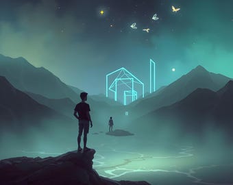 Fantasy Landscapes | 6 Atmospheric Teal Holographic Artworks | Printable Wall Part (Digital Download)