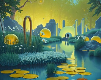 Bio-architecture | 4 Golden Lily Pond Surreal Printable Wall Art (Digital Download)