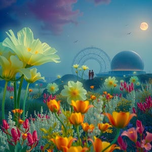 May include: A vibrant digital illustration of a surreal landscape featuring large yellow flowers, orange tulips, and pink blooms. A Ferris wheel-like structure and a domed building are in the background, with two figures standing on a hill under a full moon.