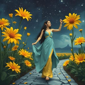 May include: A woman in a teal and yellow gown walks on a stone path through a field of sunflowers under a starry night sky. The gown has a high slit, revealing a yellow underdress. The scene is illuminated by the moon and stars.