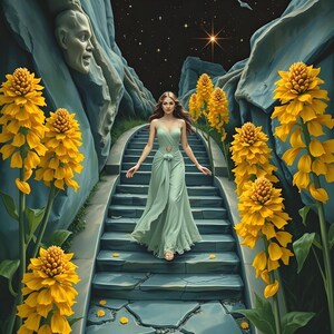 May include: An artistic depiction of a woman in a flowing green dress descending stone steps. The scene is framed by large yellow flowers and rocky formations. The night sky is filled with stars and a bright light.