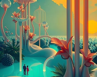 Bio-architecture | 4 Teal Solarpunk Landscapes | Printable Wall Art (Digital Download)