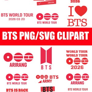 Peut inclure: Plusieurs graphiques rouges et blancs sur le thème de BTS. Comprend des éléments textuels tels que "BTS ARMY", "BTS WORLD TOUR" et "BTS IS BACK 2026". Comprend également un symbole de cœur et la phrase "I BTS".