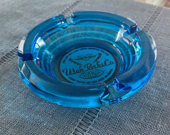 Vintage Blue Glass Ashtray: Zion, Bryce Canyon National Parks, 1960s Souvenir