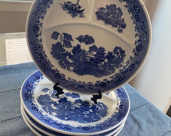 Platos de parrilla divididos Vintage Blue Willow, juego de 4, fabricados en Japón, 25,4 cm (10 pulgadas)