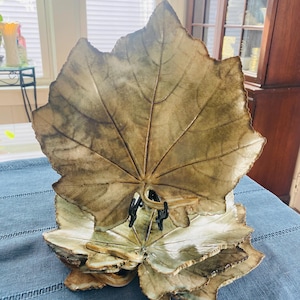 Set of 4 Leaf Impressioned Trays Handmade Pottery Autumn Color Grape Leaves 9”