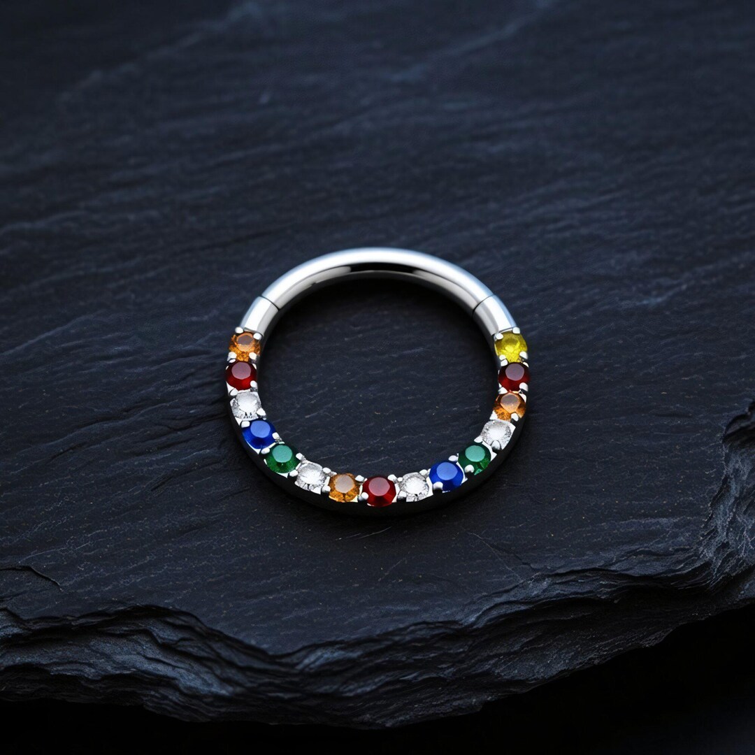 F136 Titanium Classic Rainbow CZ Clicker Ring Daith Nose Septum ...