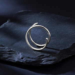 Peut inclure: Une bague argentée au design à double boucle avec une finition lisse et polie. La bague se compose de deux anneaux circulaires superposés qui créent une apparence continue et superposée, reflétant la lumière sur sa surface métallique.