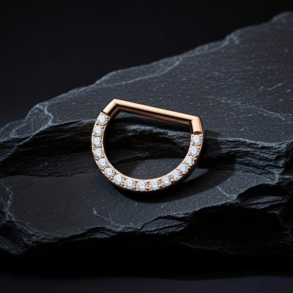 F136 Titanium D Shape Clicker Ring Face Side CZ Septum Daith Nose Piercing Hoop Jewelry Secure Hinged Fit Rose gold