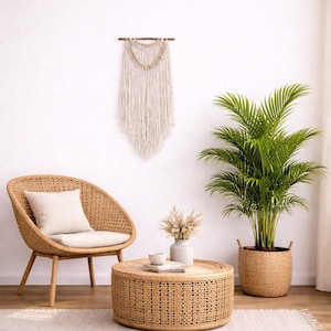 Könnte beinhalten: Ein gemütliches Wohnzimmer mit einem Korbstuhl, einem runden Couchtisch und einer großen Topfpflanze. Ein Makramee-Wandbehang und eine Vase mit Trockenblumen ergänzen die Einrichtung und schaffen eine entspannte Atmosphäre.