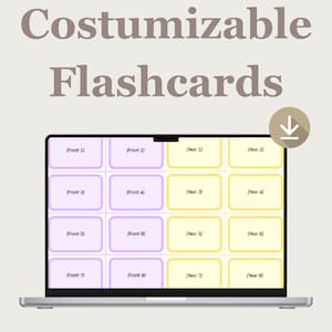 May include: A laptop screen displays a customizable flashcard template. The screen shows a grid of rectangular boxes labeled "Front" and "Year" for high school students. The text "Canva Template" and "Costumizable Flashcards" are at the top.