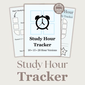 Könnte beinhalten: Mehrere druckbare Stunden-Tracker. Der Haupt-Tracker zeigt ein schwarzes Wecker-Symbol und den Text "Study Hour Tracker" mit 10-, 15- und 20-Stunden-Versionen. Zusätzliche Seiten enthalten Fortschrittsdiagramme und Belohnungsbereiche.