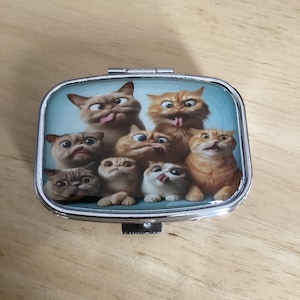 May include: A rectangular metal pill box with a silver-toned frame and a hinged lid. The top of the lid features a colourful graphic print of seven cats with exaggerated facial expressions, including wide eyes and tongues sticking out, against a blue background.