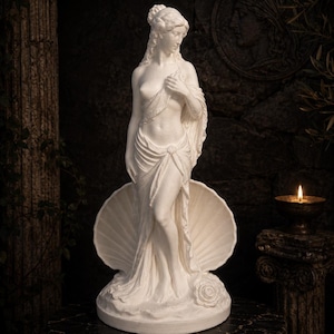Primary image (stylized front view with dark mythology background)
White Venus / Aphrodite statue with elegant feminine silhouette and shell detail, inspired by Greek and Roman mythology. Decorative goddess sculpture for altar decor, feminine home decor, shelf styling, mythology collection, spiritual decor, aesthetic interior, Venus figurine, Aphrodite statue, divine feminine energy, romantic decor, white PLA sculpture, minimalist mythology art.