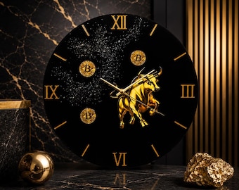 Luxury Bull Wall Clock, Black Gold Resin Clock, Executive Office Decor, Gift for Investors and Traders