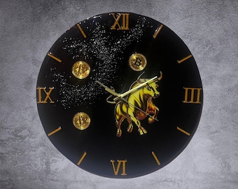 Bitcoin Wall Clock with Bull – Black Resin Crypto Wall Decor, Gift for Crypto Investor, Modern Office Art