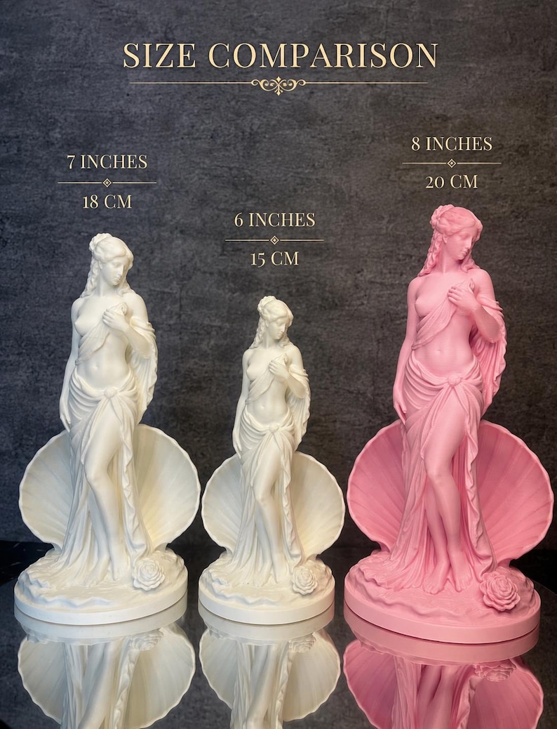 May include: Three statues of a figure standing in a seashell, one pink and one white. The pink statue is 20 cm (8 inches) tall, and the white statue is 15 cm (6 inches) and 18 cm (7 inches) tall. All figures have draped fabric, detailed hair, and a rose at the base.