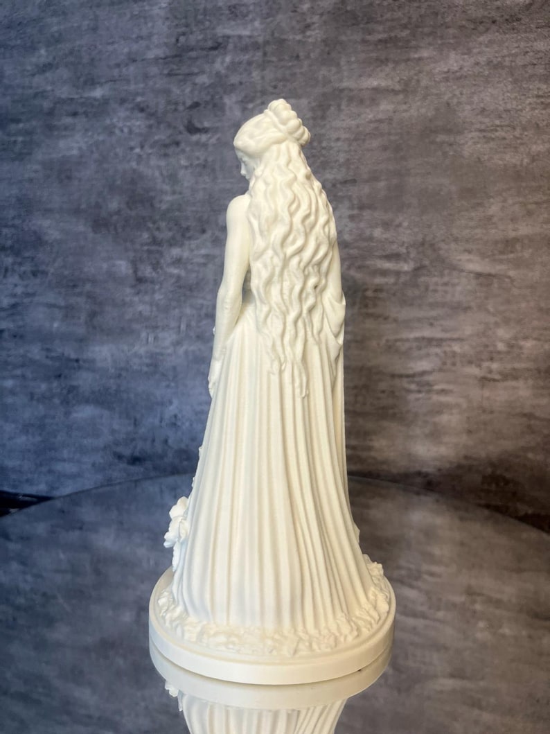 Back detail of Persephone altar statue with elegant sculpted textures, white PLA mythology figurine, spiritual and occult inspired decor.
Detailed Persephone sculpture close angle showing decoration