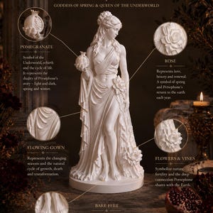 Persephone statue size comparison showing 15 cm and 6 inch figurine dimensions, elegant Greek goddess sculpture for desks, shelves, and altar decor.