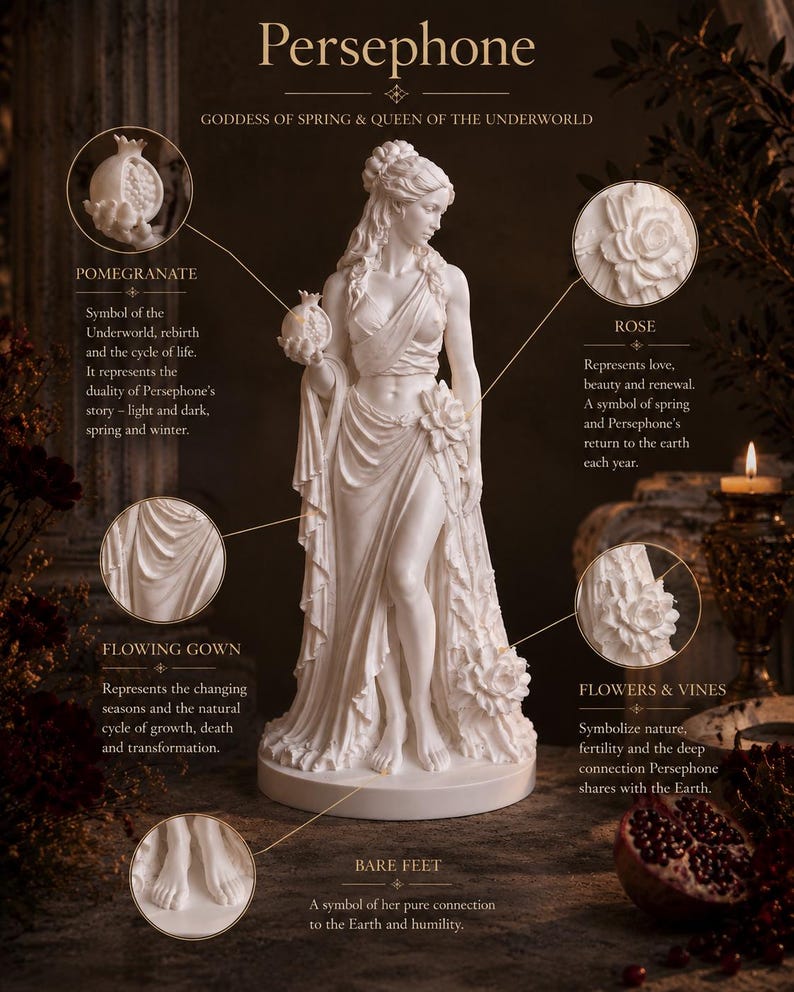 Persephone statue size comparison showing 15 cm and 6 inch figurine dimensions, elegant Greek goddess sculpture for desks, shelves, and altar decor.