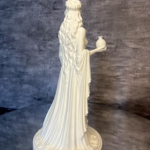 Detailed Persephone sculpture close angle showing decorative craftsmanship, Greek mythology figurine perfect for altar decor and shelf decoration.