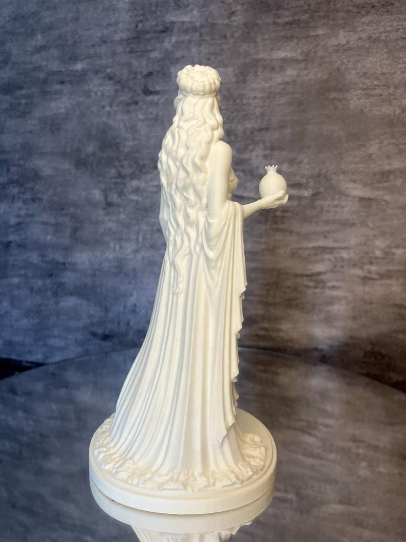 Detailed Persephone sculpture close angle showing decorative craftsmanship, Greek mythology figurine perfect for altar decor and shelf decoration.