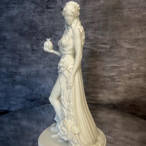 Persephone figurine side profile showing detailed drapery and graceful silhouette, decorative Greek goddess sculpture for mystical home decor.