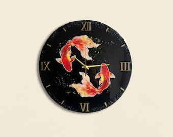 Koi Fish Wall Clock, Feng Shui Decor, Zen Wall Decor, Black Gold Resin Clock, Lucky Fish Wall Art, Unique Gift for Home