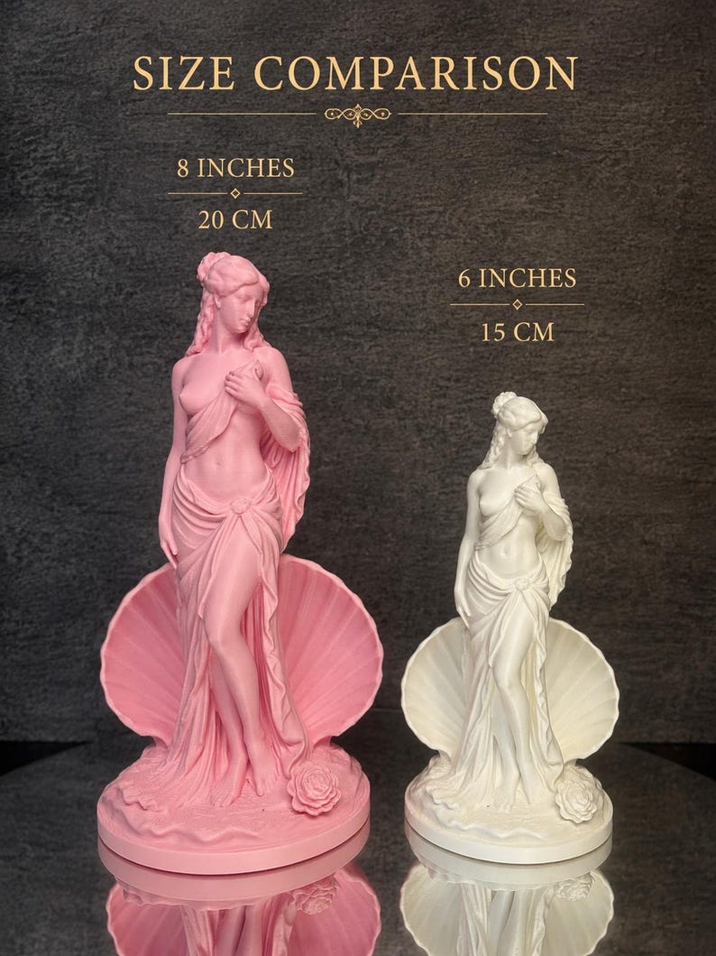 May include: Two statues of a figure standing in a seashell, one pink and one white. The pink statue is 20 cm (8 inches) tall, and the white statue is 15 cm (6 inches) tall. Both figures have draped fabric, detailed hair, and a rose at the base.