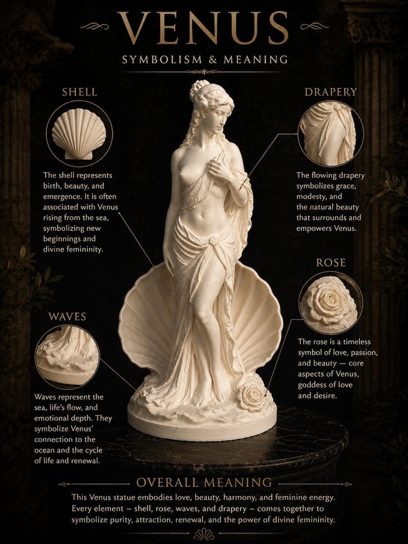 Symbolism explanation image
Symbolism details of Venus / Aphrodite statue including shell, waves, rose, femininity, beauty, love, divine feminine energy, mythology symbolism, spiritual meaning, Greek and Roman goddess decor, altar figurine, aesthetic mythology sculpture, symbolic home decor, Venus altar statue, Aphrodite figurine, goddess symbolism artwork.