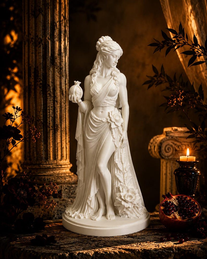 Persephone statue Greek mythology goddess figurine altar decor, mystical feminine home decoration, white PLA sculpture inspired by the Greek goddess of spring and the underworld.