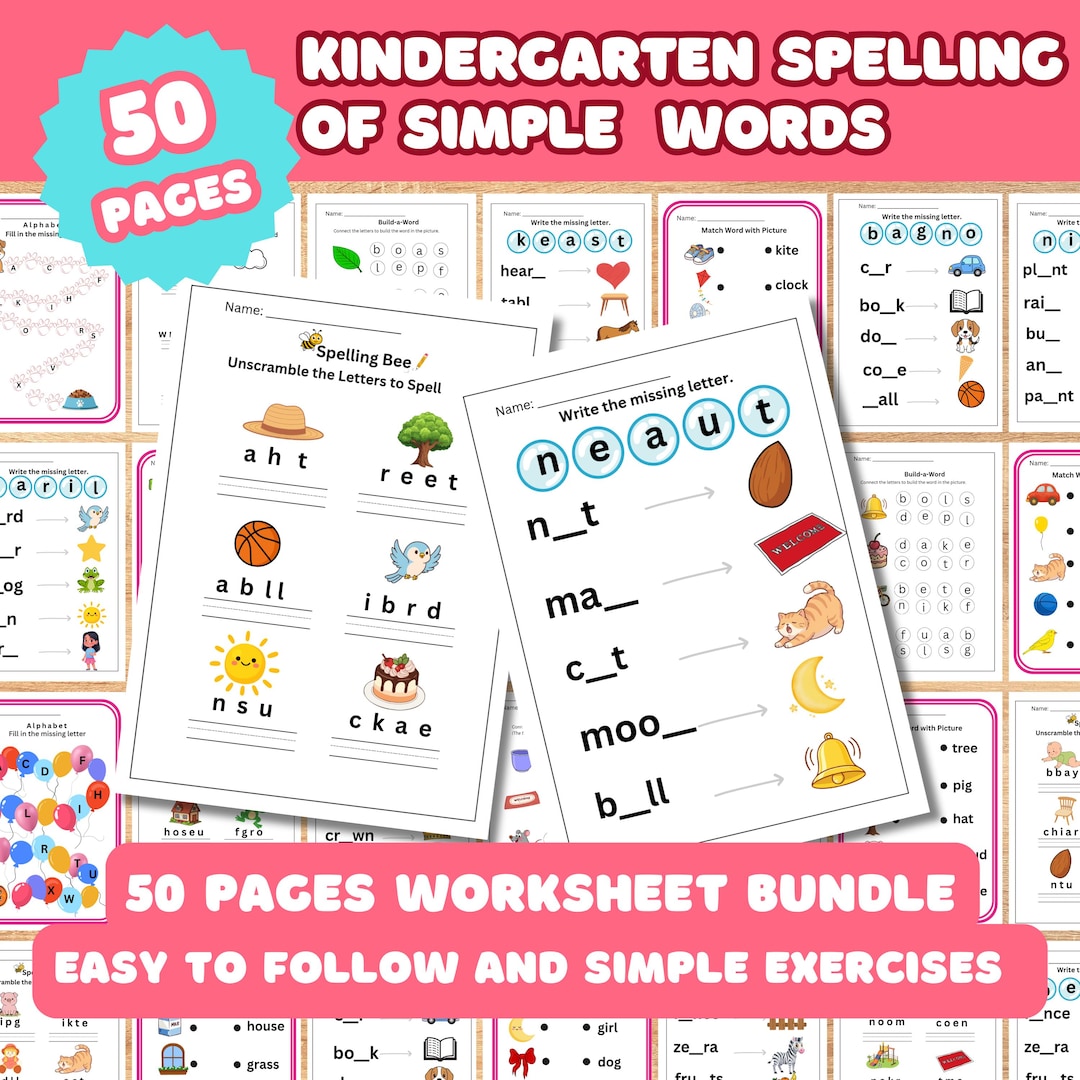 Kindergarten Spelling Worksheets | Simple Words, Picture Match (digital ...