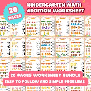 May include: A bundle of 20 kindergarten math addition worksheets. Each page features colorful illustrations of fruits, vegetables, and other objects to help children learn addition. The worksheets are designed to be easy to follow and simple.
