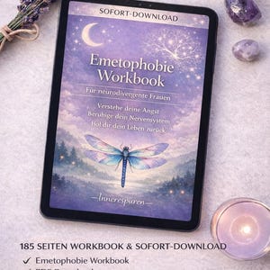 Könnte beinhalten: Ein digitales Arbeitsbuch mit dem Titel "Emetophobie Workbook" mit einer Libellenillustration. Das Cover ist lila mit weißem Text und einem Halbmond. Das Arbeitsbuch ist für neurodivergente Frauen. Zusätzlicher Text enthält "185 Seiten Workbook & Sofort-Download."