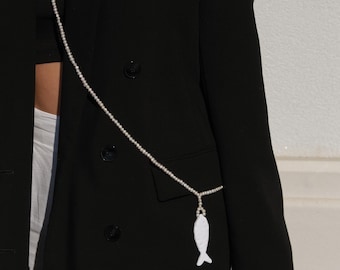 Pearl Body Chain with Handmade Fish Pendant, Long Sautoir Necklace, Real Pearl Body Jewelry, Statement Layering Necklace, Unique Gift for He