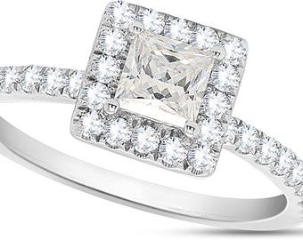 Anelli di fidanzamento/promessa da donna in argento sterling 925 placcato oro 14 carati con zirconi cubici taglio princess da 1 carato e contorno di diamanti.