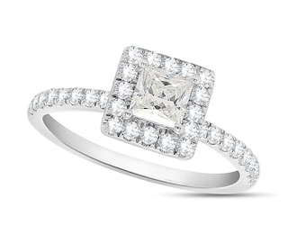 Anillos de compromiso y boda para mujer, chapados en oro de 14 quilates, de plata de ley 925, con circonita cúbica de talla princesa de 1 quilate y halo de circonitas cúbicas.