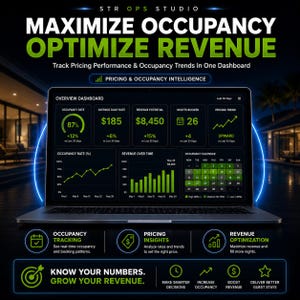 Op de afbeelding: Een laptopscherm toont een overzichtsdashboard met groene en witte tekst en grafieken. De interface toont bezettingsgraden, gemiddelde dagtarieven, omzetpotentieel en boekingstrends. Tekst bevat: MAXIMIZE OCCUPANCY OPTIMIZE REVENUE.