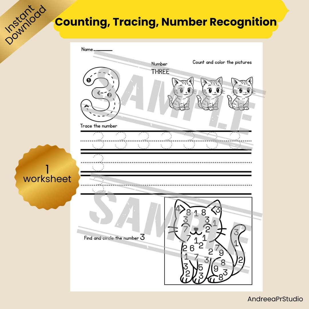 Number 3 Activity Worksheet, Preschool Counting Printable, Tracing ...