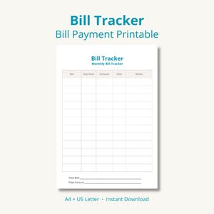 Puede incluir: Un rastreador de facturas imprimible blanco con una cuadrícula para rastrear facturas, fechas de vencimiento, importes, pagos y notas. El título "Bill Tracker" es turquesa, con "Bill Payment Printable" debajo.